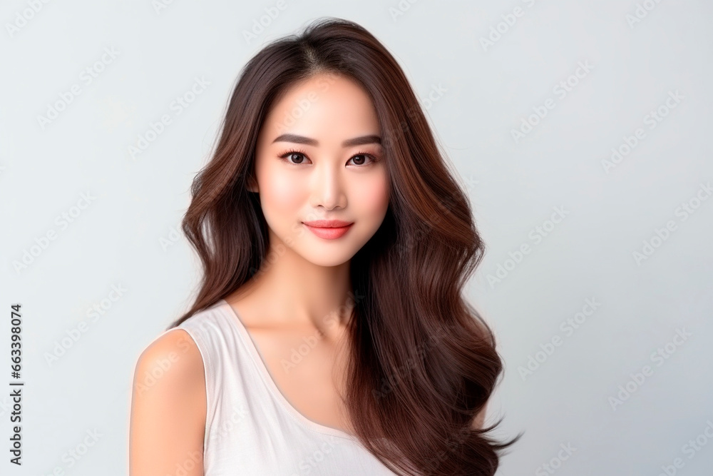 Young glamor model of Asian appearance on a white background. Young glamor model of Asian appearance on a white background.