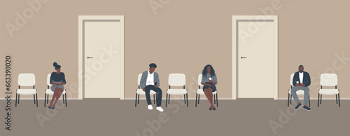 black people in the waiting room. People waiting in line. Men and women sit on chairs and look at their phones. Waiting hall in beige color. Corridor interior. White chairs near the doors. Vector