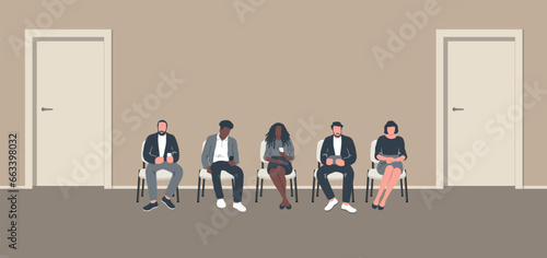 diverse people in the waiting room. People waiting in line. Men and women sit on chairs and look at their phones. Waiting hall in beige color. Corridor. White chairs near the doors. Vector
