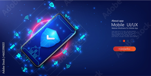 Sleek Mobile Interface Design with Glowing Digital Icons on a Deep Blue Background for Advanced User Experience. Development smart home and IOT system. Home protection in phone. Vector