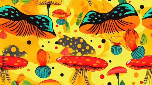  a painting of colorful mushrooms and fish on a yellow background. generative ai