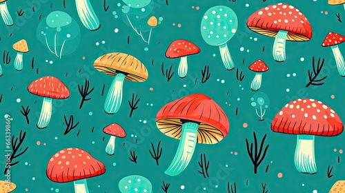  a bunch of mushrooms that are on a blue background with plants. generative ai