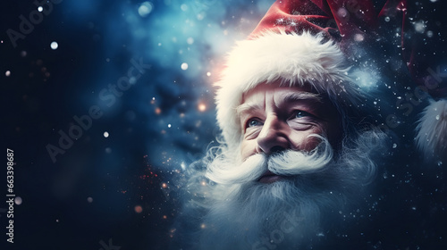 Santa Claus face closeup with defocused glitter bokeh copy space background, neural network generated image. Not based on any actual person, scene or pattern. © lucky pics