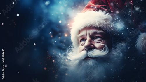 Santa Claus face closeup with defocused glitter bokeh copy space background, neural network generated image. Not based on any actual person, scene or pattern.
