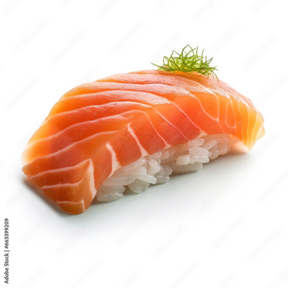A sushi salmon on white background. A sushi salmon on white background.