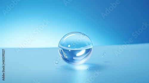 a glass ball with water droplets floating on a blue surface. generative ai