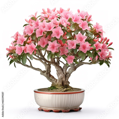 Image of beautiful adenium somalense in a pot on white background. Flower, Illustration, Generative AI.