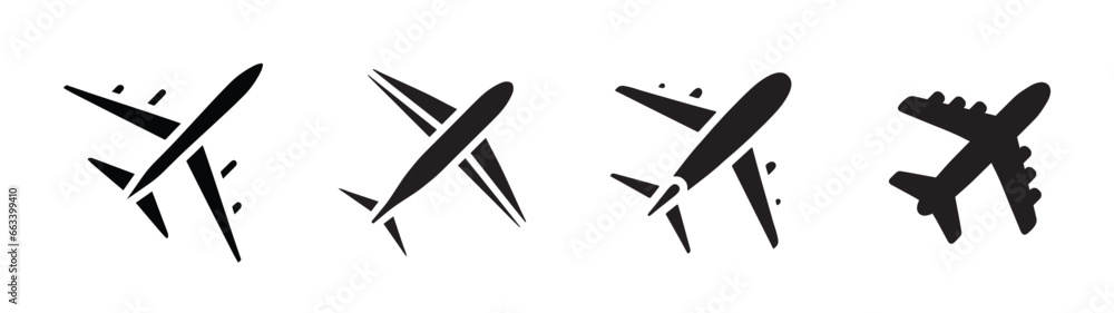 Collection of airplane silhouettes in different styles and angles. Vector icons for travel, transport, aviation, and flight themes. Design elements for logo, banner, poster, and web.