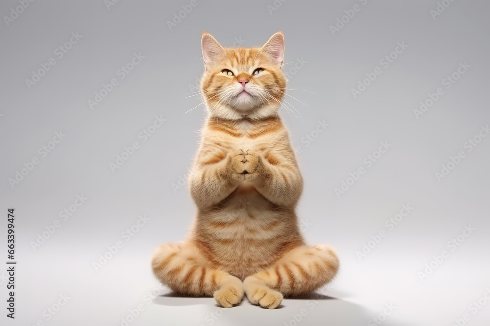 Image of cute cat doing yoga on white background. Pet, Animals, Illustration, Generative AI.