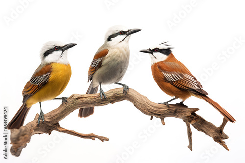 Image of group of white-crested laughing thrush birds on a branch on a white background. Birds. Animals. Illustration, Generative AI. © yod67