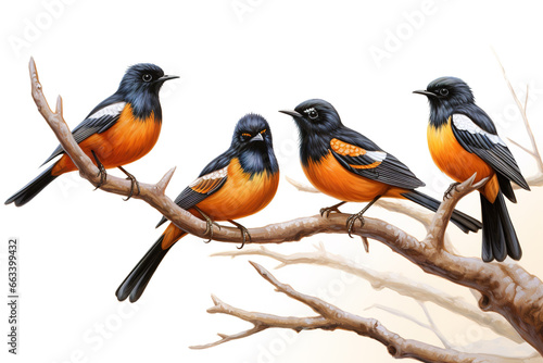 Image of group of white-rumped shama bird on a branch on a white background. Birds. Animals. Illustration, Generative AI.