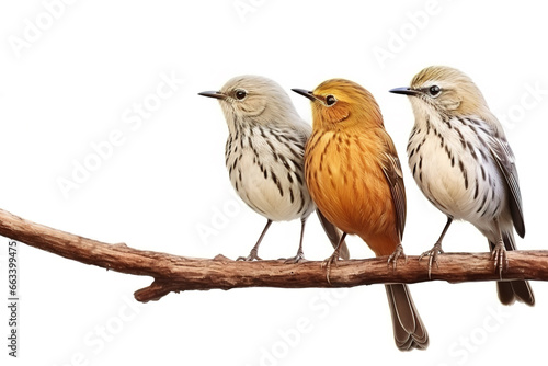 Image of group of buff-breasted babbler birds on a branch on a white background. Birds. Animals. Illustration, Generative AI. © yod67
