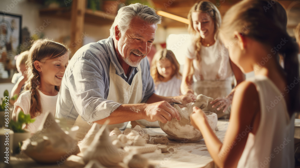 Grandparents and grandkids taking a pottery class