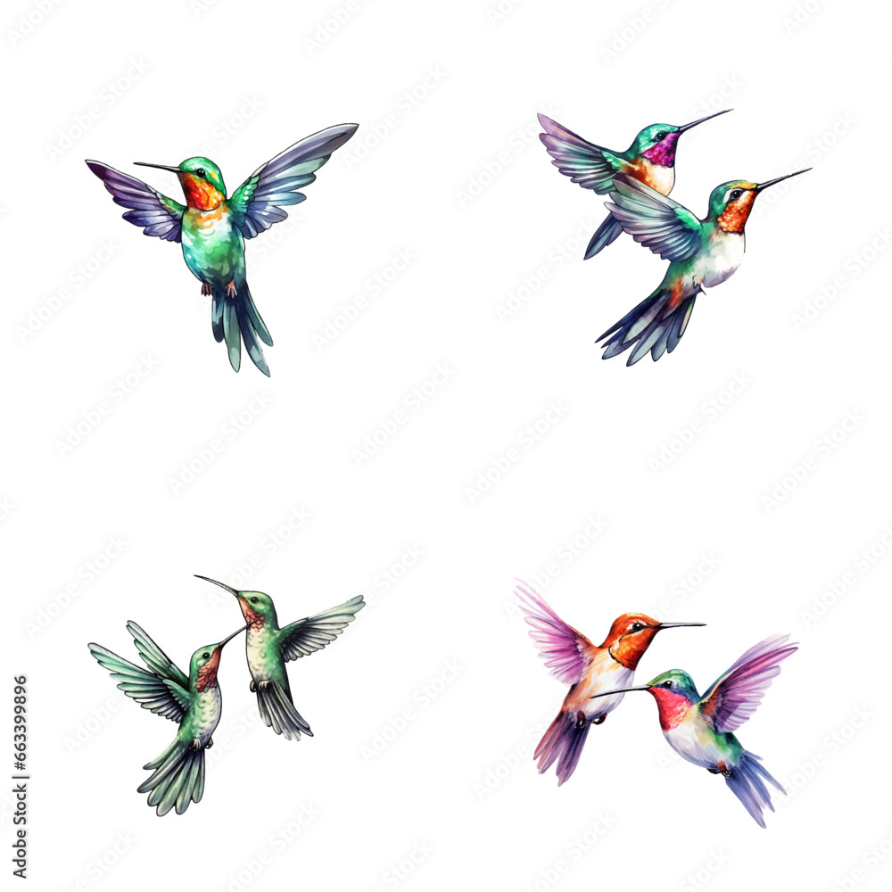 Obraz premium set of happy cute hummingbird watercolor illustrations for printing on baby clothes, pattern, sticker, postcards, print, fabric, and books