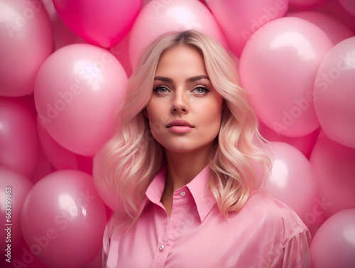 Beautiful young blonde woman in pink clothes surrounded by pink balloons
