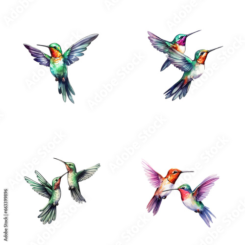 set of happy cute hummingbird watercolor illustrations for printing on baby clothes, pattern, sticker, postcards, print, fabric, and books