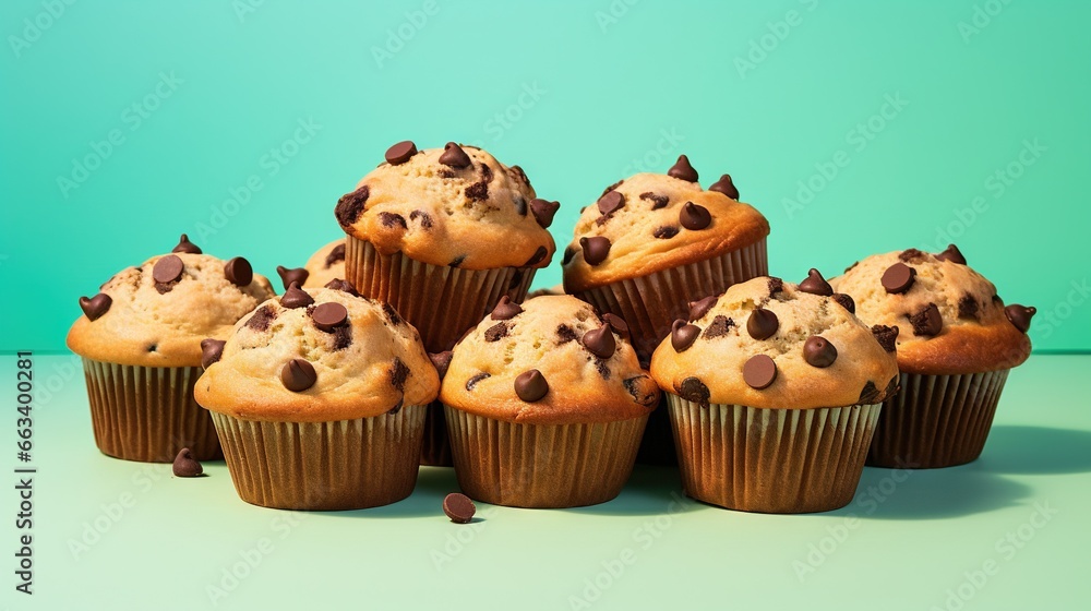 a pile of chocolate chip muffins sitting on top of a table. generative ai a pile of chocolate chip muffins sitting on top of a table. generative ai