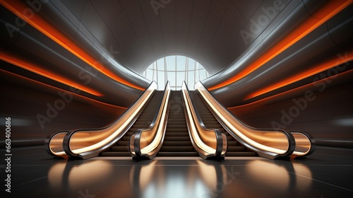 Futuristic escalator in office building with neon light. AI generated image