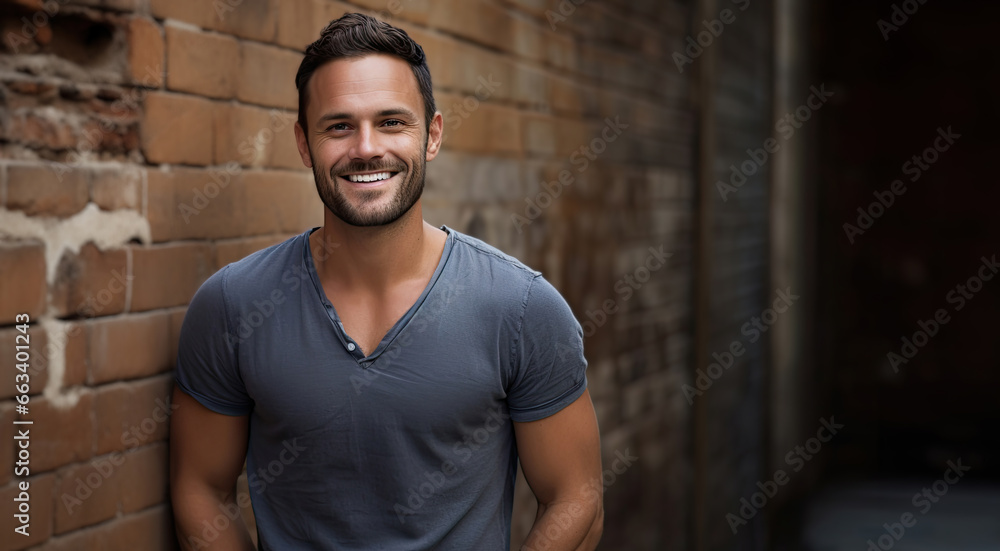 realistic photo of a smiling man, wearing a shirt and jeans, on the left side of the image and against the background of an old and stained brick wall. Copy space realistic photo of a smiling man, wearing a shirt and jeans, on the left side of the image and against the background of an old and stained brick wall. Copy space