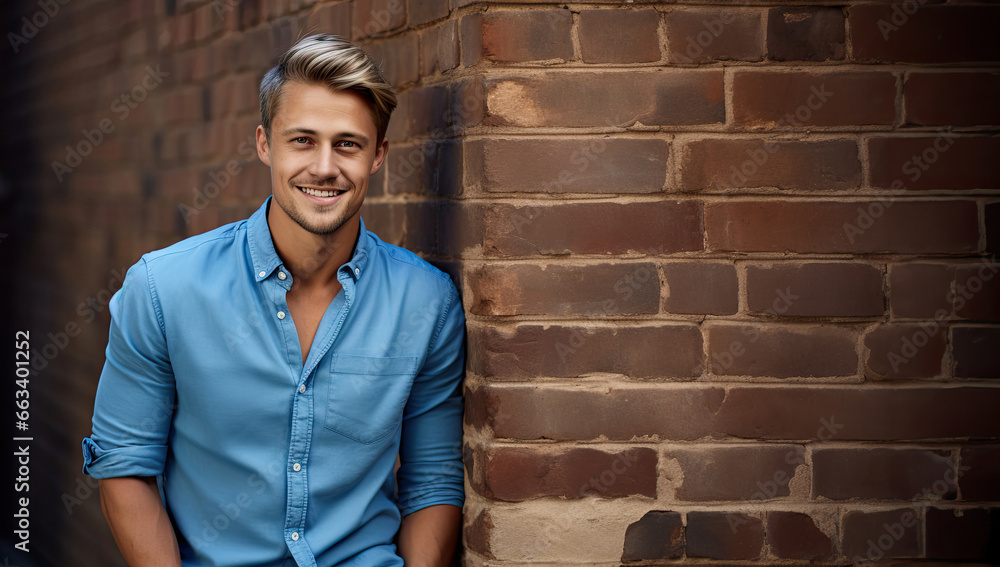 blond-haired man with brown eyes and a light blue shirt, leaning against a brick wall. Copy space blond-haired man with brown eyes and a light blue shirt, leaning against a brick wall. Copy space