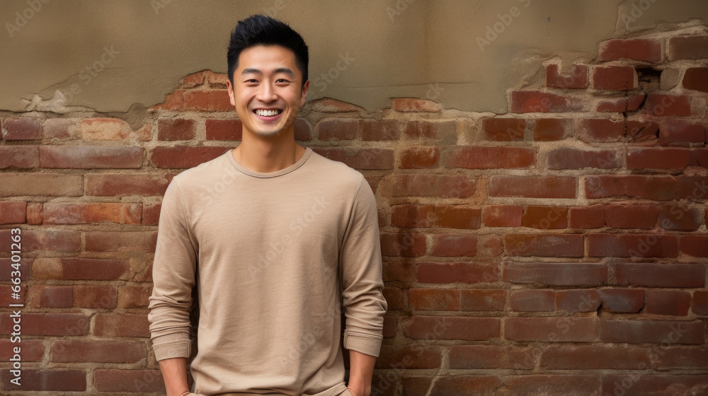 brown-haired Asian man wearing a beige T-shirt, leaning against a brick wall