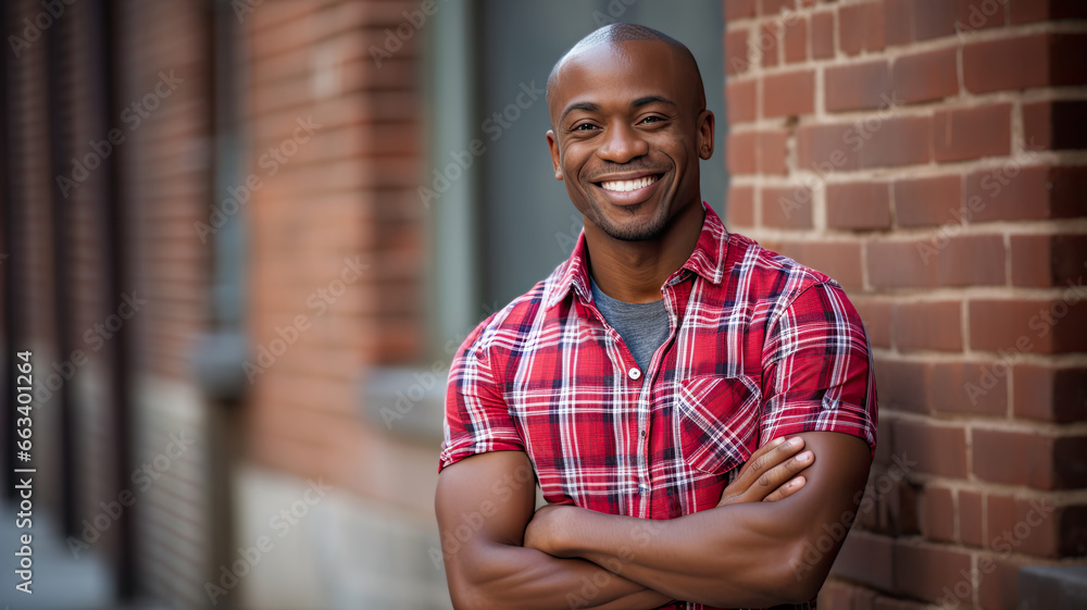 Obraz premium African-American man in a red and white checkered shirt, leaning against a brick wall