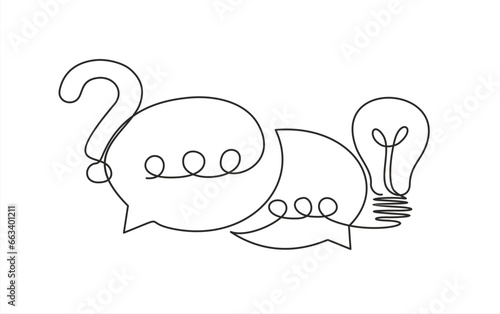 Quick tips. Continuous one line drawing of question mark, light bulb and speech bubbles. Trendy line art vector on a white background. Vector illustration.