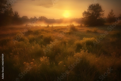 A beautiful view of the setting sun casting its golden light over a serene meadow. Generative AI © Jason
