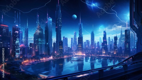  A futuristic, cyberpunk inspired cityscape at night.