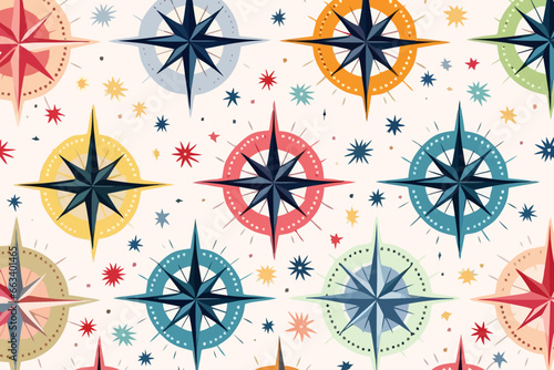 Compass rose quirky doodle pattern, wallpaper, background, cartoon, vector, whimsical Illustration