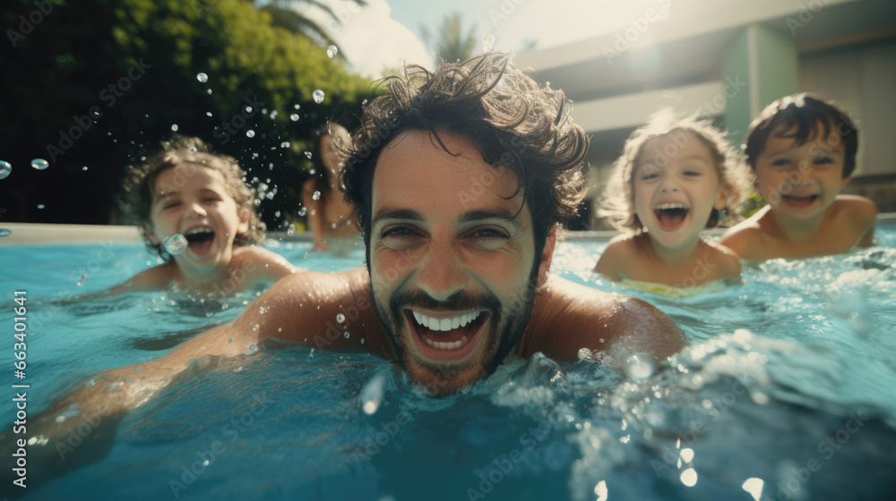 Aunts,  uncles,  and kids swimming and splashing in a pool - obrazy, fototapety, plakaty 
