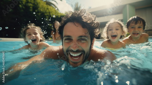Aunts,  uncles,  and kids swimming and splashing in a pool photo