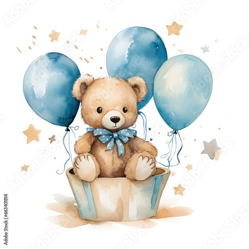 A watercolor baby teddy bear is sitting in the basket with blue and gold balloons.
