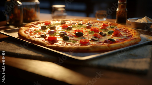 Une pizza avec mozzarella, olives et pepperoni. Gros plan sur la pizza sur fond de restaurant. Alimentation, fast food, nourriture. Pour conception et création graphique.