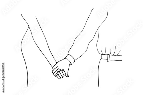 man and a woman stand with their backs to each other holding hands. romantic linear doodle style illustration