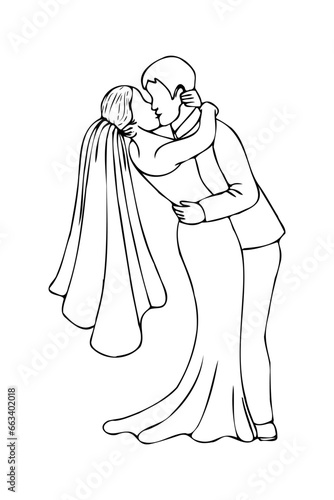 groom kisses the bride bending over, the bride's veil hangs down - linear vector illustration of the bride and groom kissing