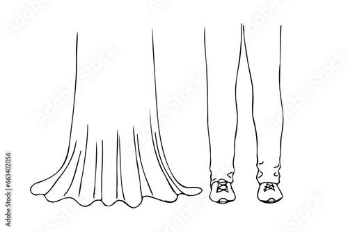 lower part of the hem of a woman's long fluffy dress and men's legs in shoes standing next to each other - a linear vector illustration of the legs of the bride and groom