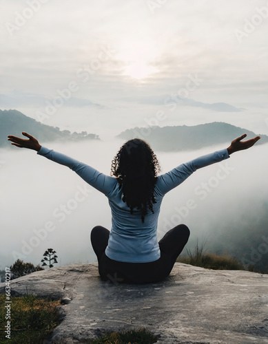 woman on her back with open arms enjoying nature and mountains