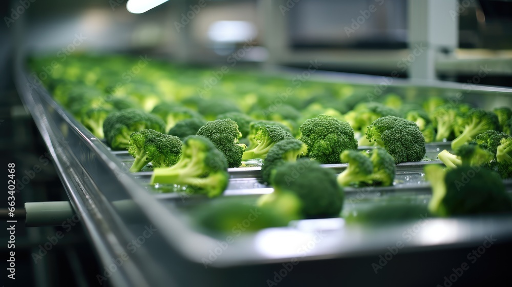 Broccoli, Production of broccoli on conveyor belt in factory, Concept with automated food production.