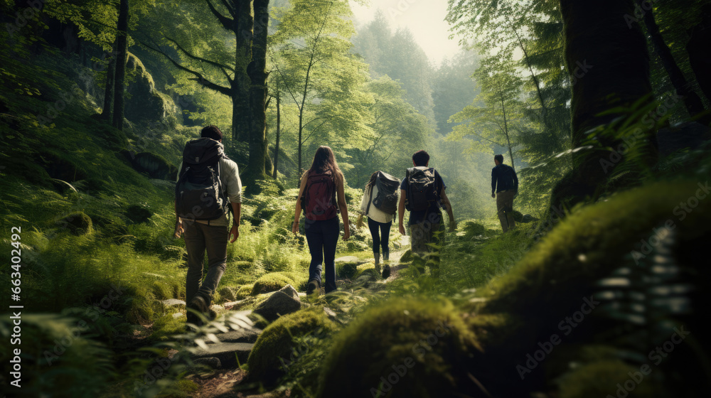 Relatives hiking through a lush forest during the reunion
