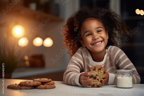 African american little girl smiles holding a chocolate chips cookie