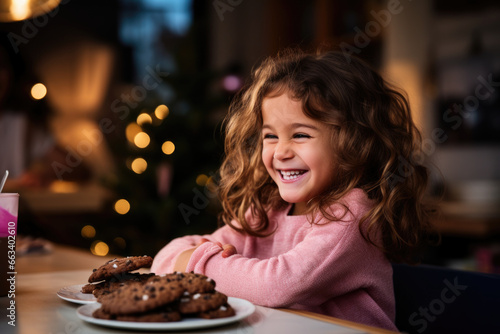 Girl in her pajama smiling in front of a plate of chocolate cookies