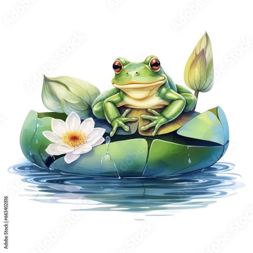 Frog Floating on a Lily Pad Raft, watercolor for T-shirt Design.