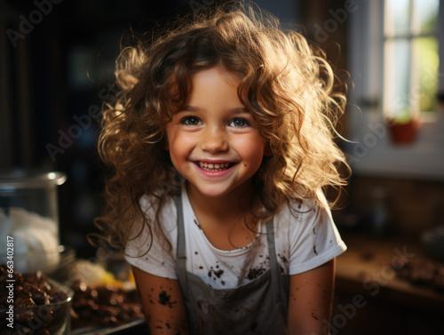 Happy kid plays with chocolate having chocolate stains on her clothes