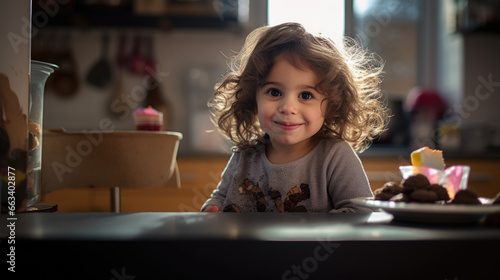 Sweet little girl seated on the kitchen enjoying a happy moment