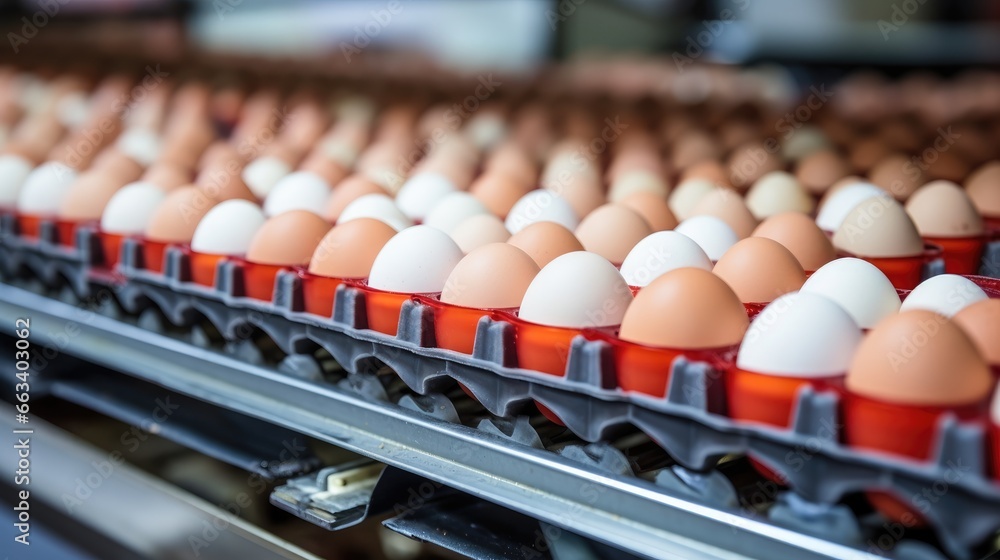 Eggs, Production of eggs on conveyor belt in factory, Concept with automated food production.