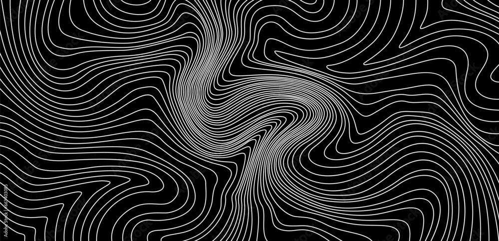 Topographic map texture. Abstract linear background. Vector print of waves. White lines on black background.