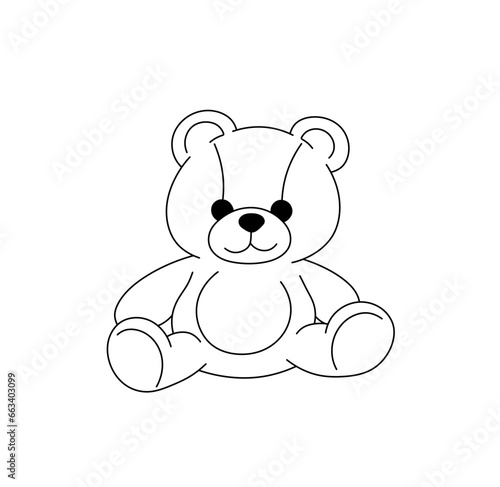 Vector isolated one single cute cartoon sitting teddy  bear soft toy colorless black and white contour line easy drawing