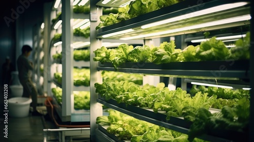 Leafy vegetables growing in hydroponic greenhouse, Vertical farming is sustainable agriculture for future food. photo