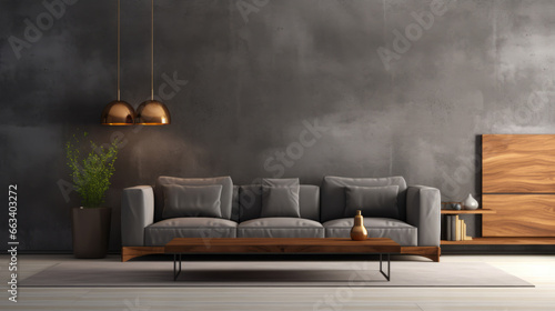 Luxury living room interior. Concrete walls and empty background for your design © Malambo/Peopleimages - AI